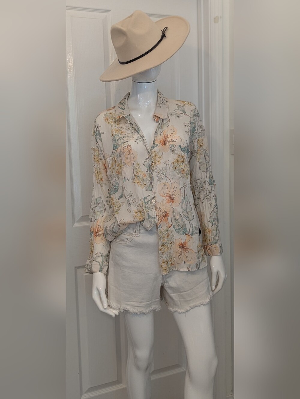 Maven West Boho Sheer Pastel Floral Blouse Cream Peach & Sage S